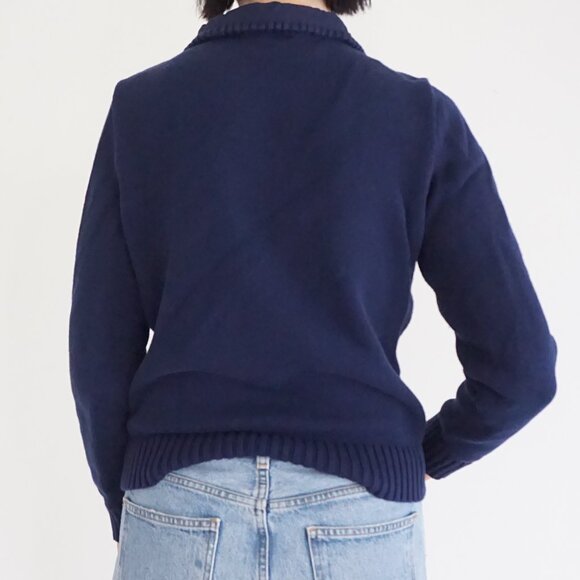 Vintage Ralph Lauren Navy Zip Cotton Sweater Preppy Collegiate Crest Knit L - Picture 2 of 8